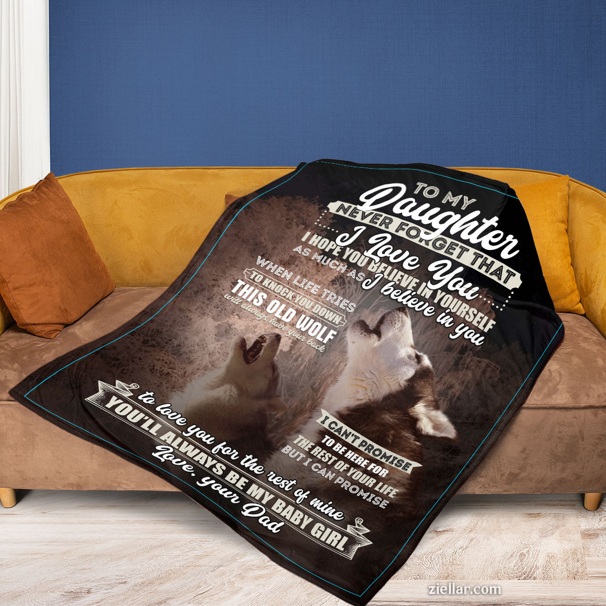To My Daughter from Dad Quilt Blanket, Fleece Blanket Gift with Wolves and Love Letter, Custom Name