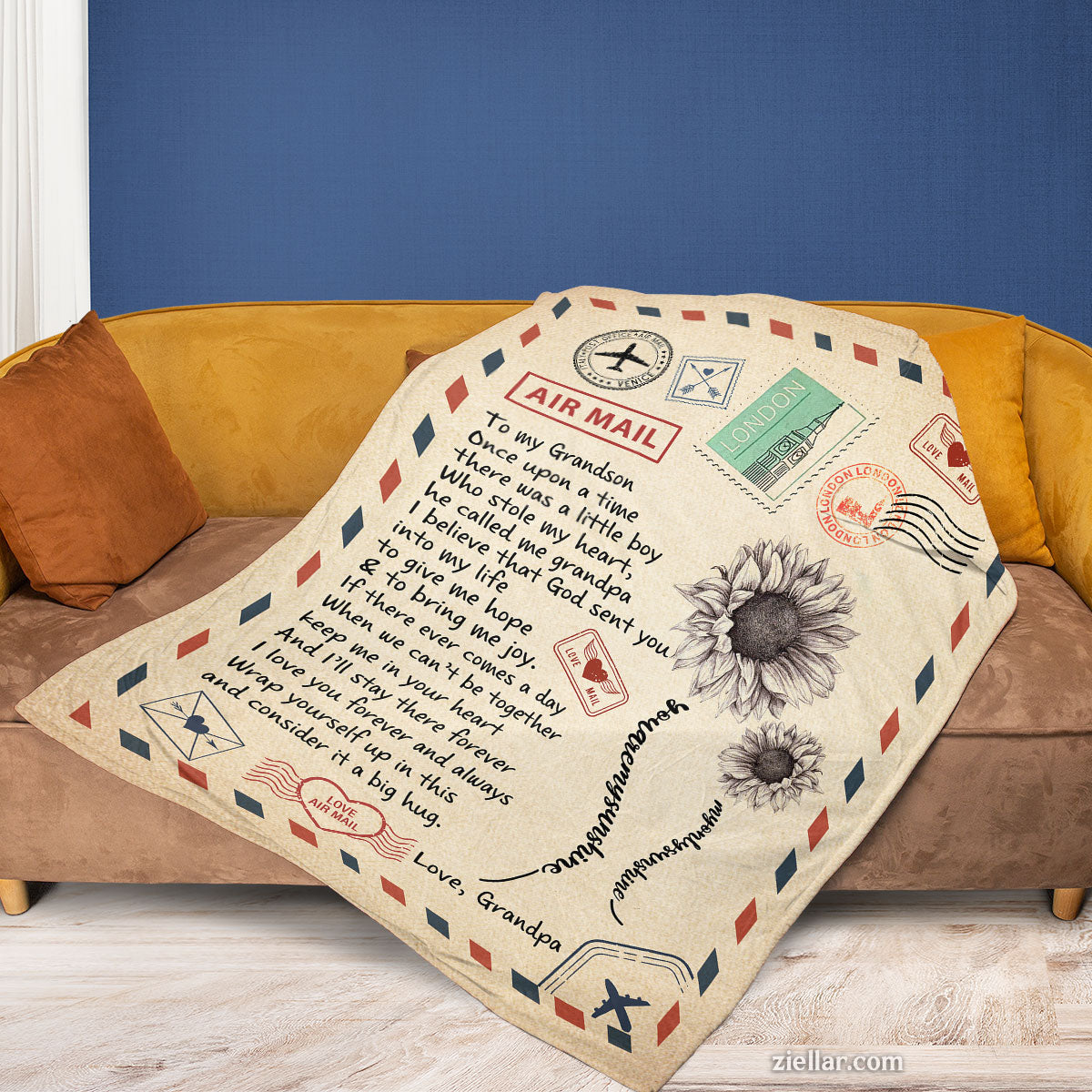 To My Grandson Air Mail Quilt Blanket, Fleece Blanket Gift from Grandma, Custom Name Personalized