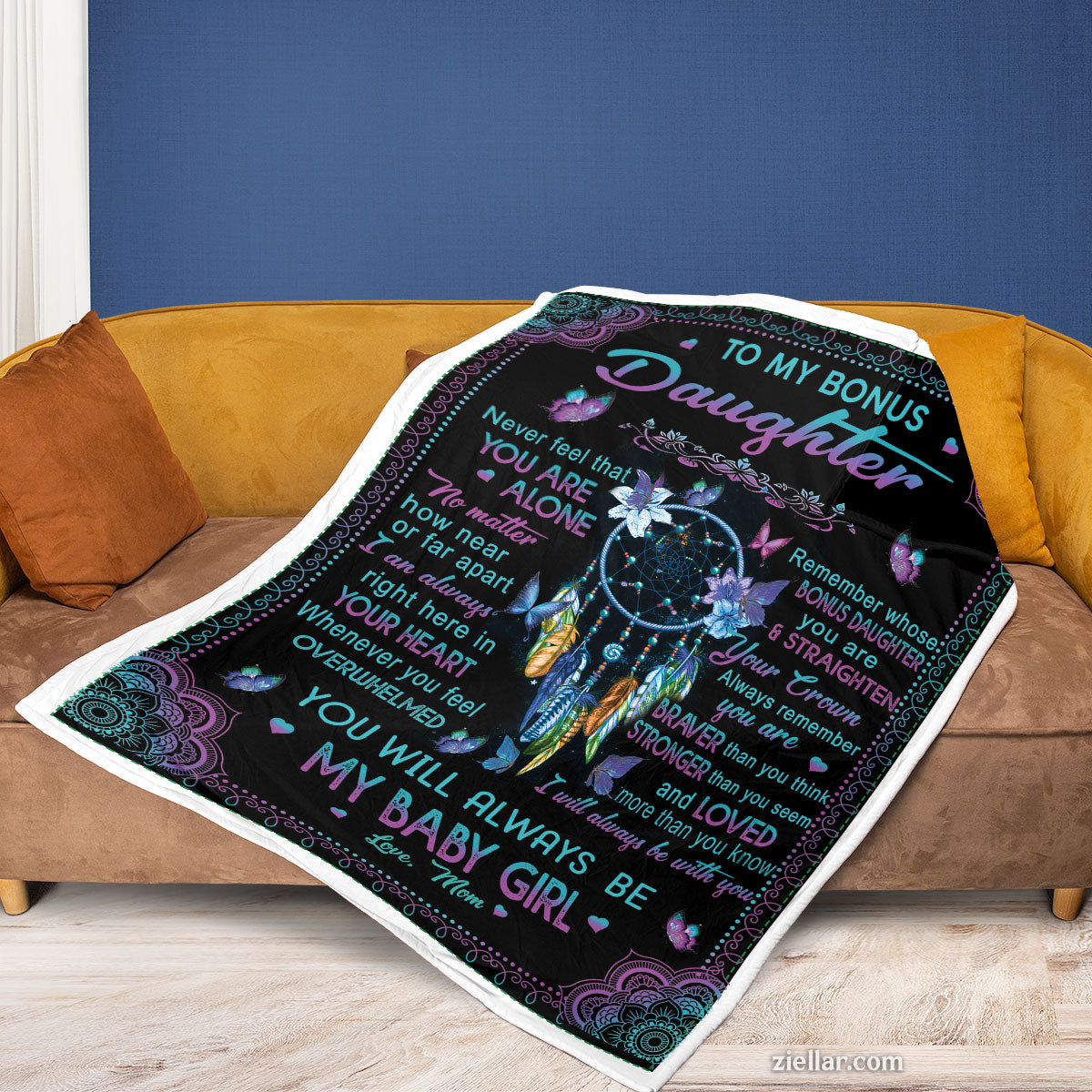 To My Bonus Daughter Quilt Blanket, Fleece Blanket Gift with Heart and Galaxy Art, Custom Name Option