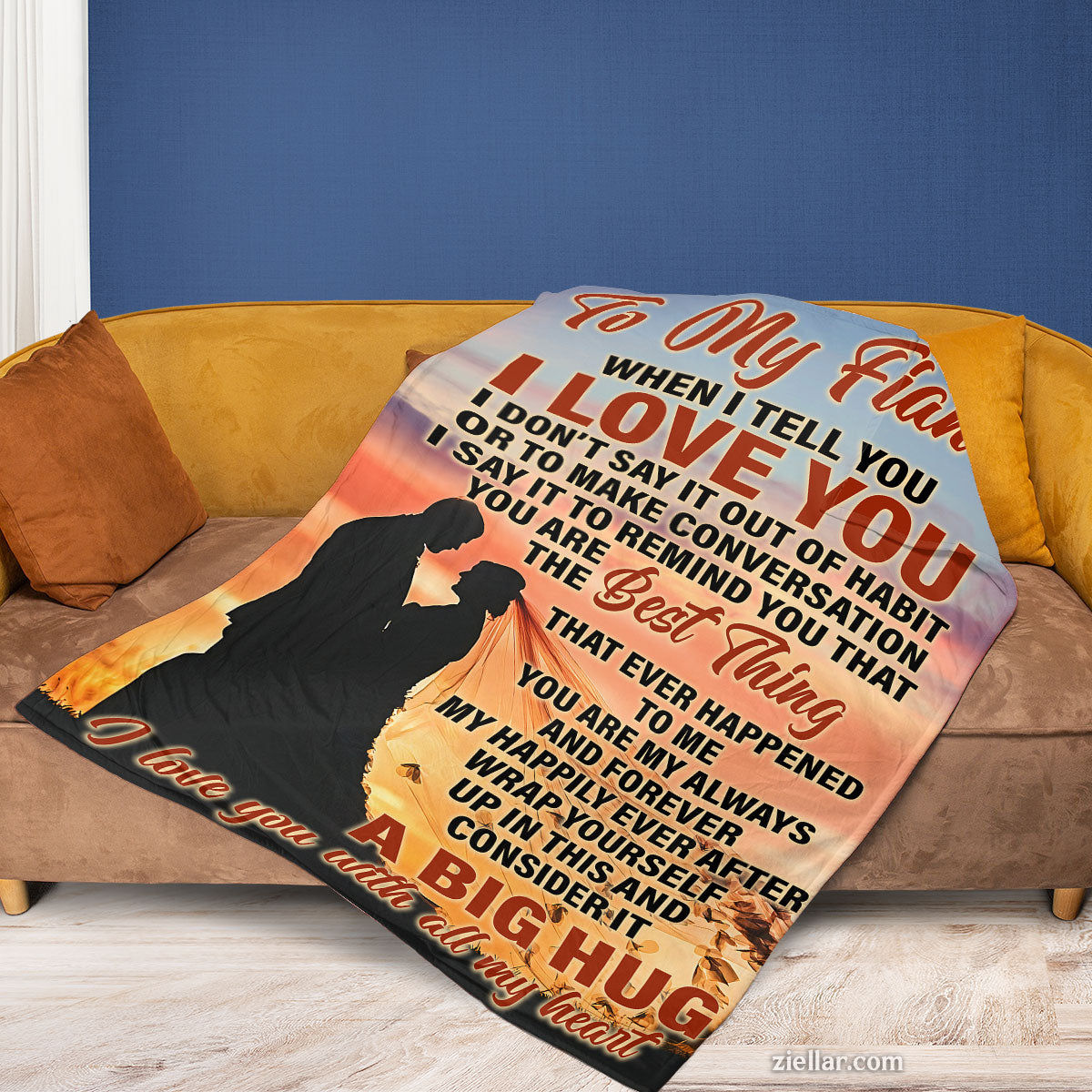 To My Fiancée Quilt Blanket, Fleece Blanket Gift for Her with Sunset Couple Scene, Custom Name Option