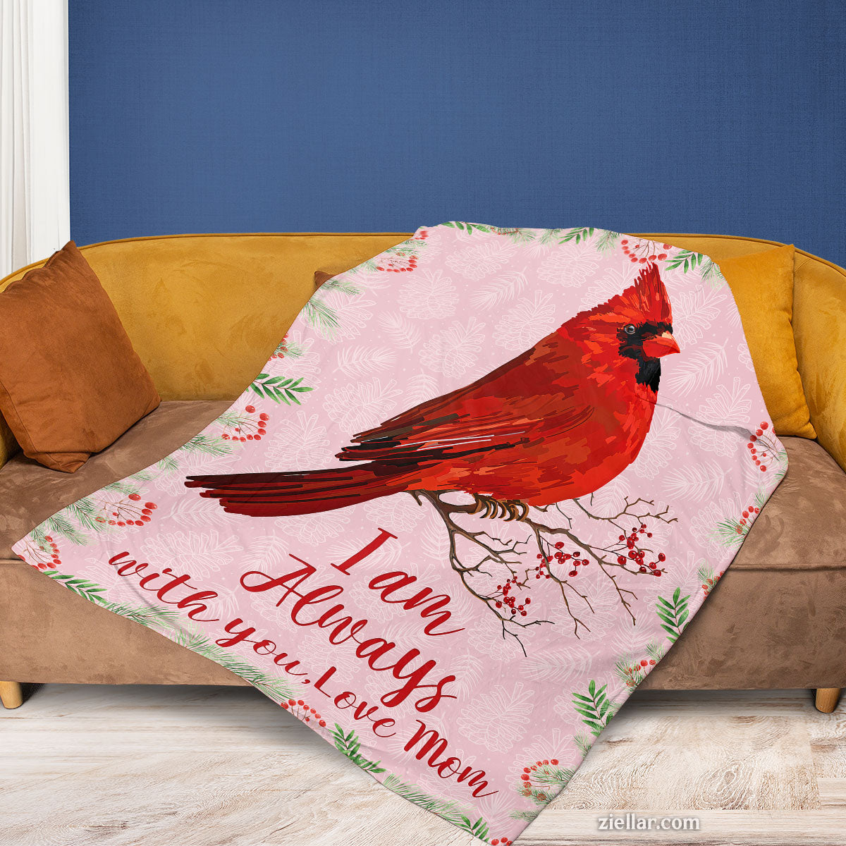 Red Cardinal Bird Quilt Blanket, Fleece Blanket Gift with Love Message from Mom, Personalized Name