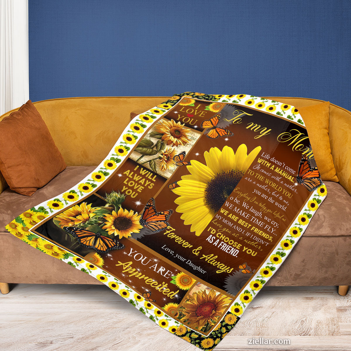 To My Mom Quilt Blanket, Fleece Blanket Gift with Sunflowers and Loving Quote, Personalized Custom Name