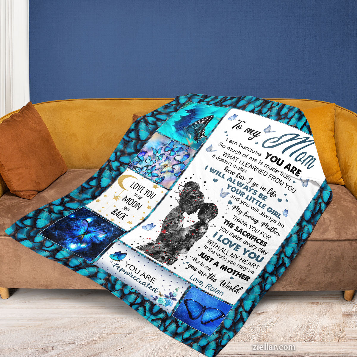 To My Mom Quilt Blanket, Fleece Blanket Gift with Blue Butterfly and Stars, Personalized Name Option