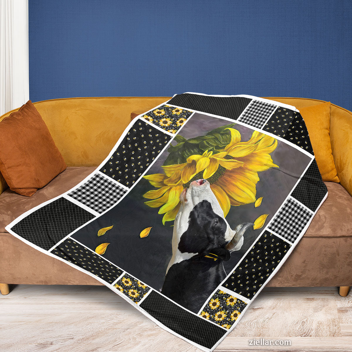 Sunflower Dog Art Quilt Blanket, Fleece Blanket Gift with Black Dog and Flower, Personalized Custom Name