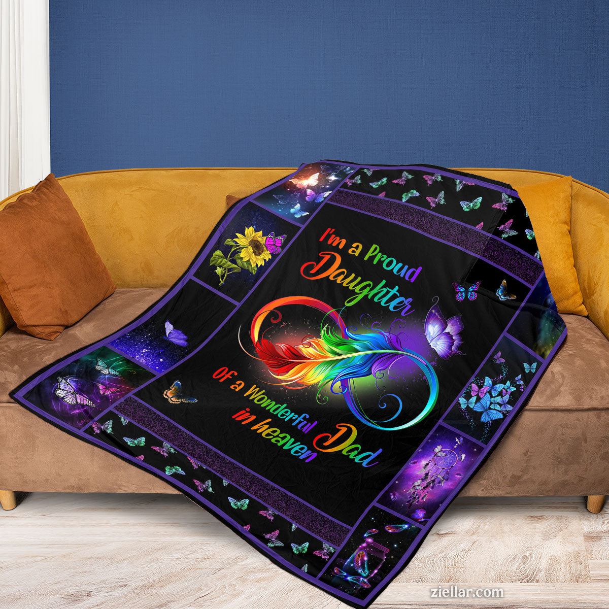 Proud Daughter of Dad in Heaven Quilt Blanket, Fleece Blanket Gift, Personalized Name Included