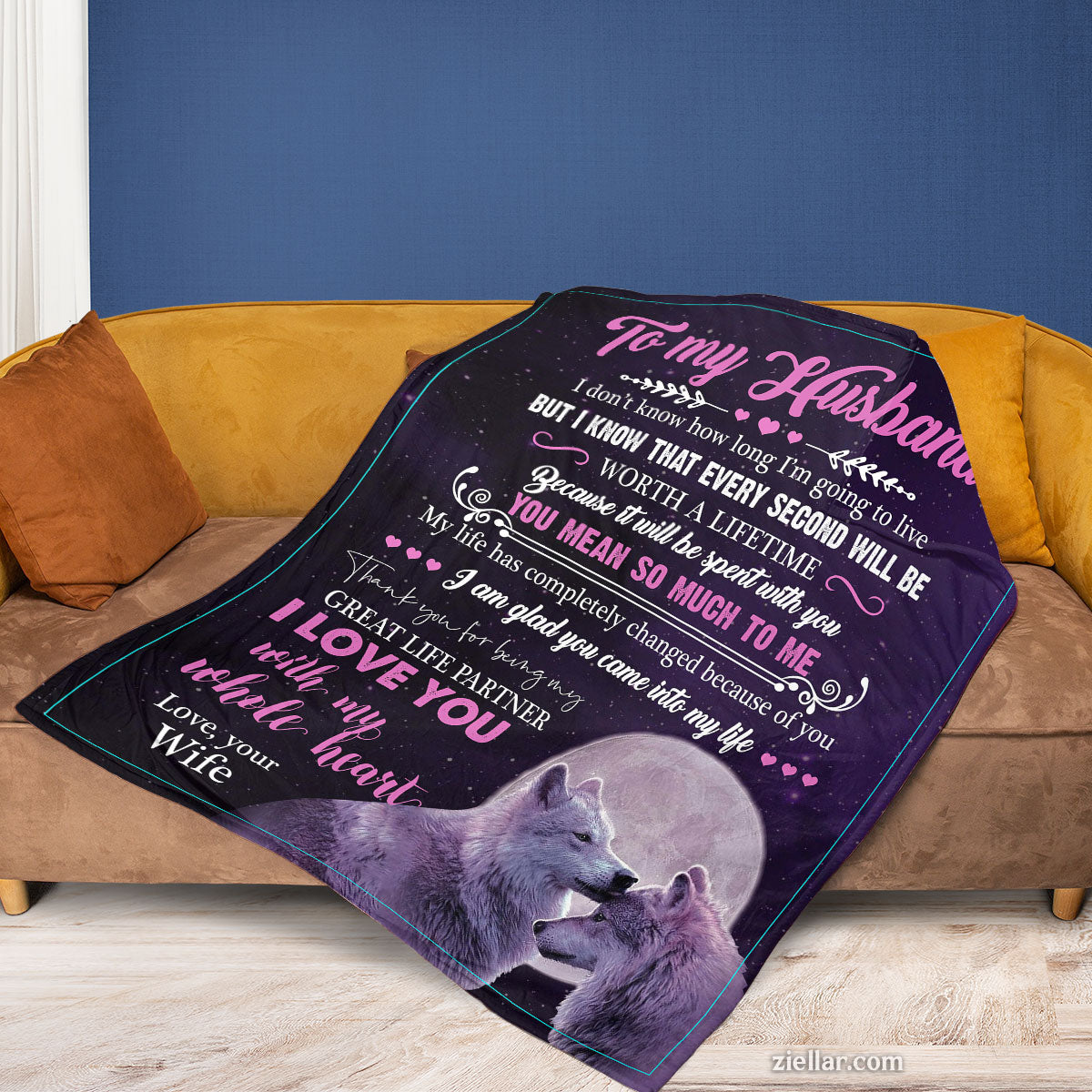 To My Husband Quilt Blanket, Fleece Blanket Gift with Wolves and Purple Theme, Personalized Name