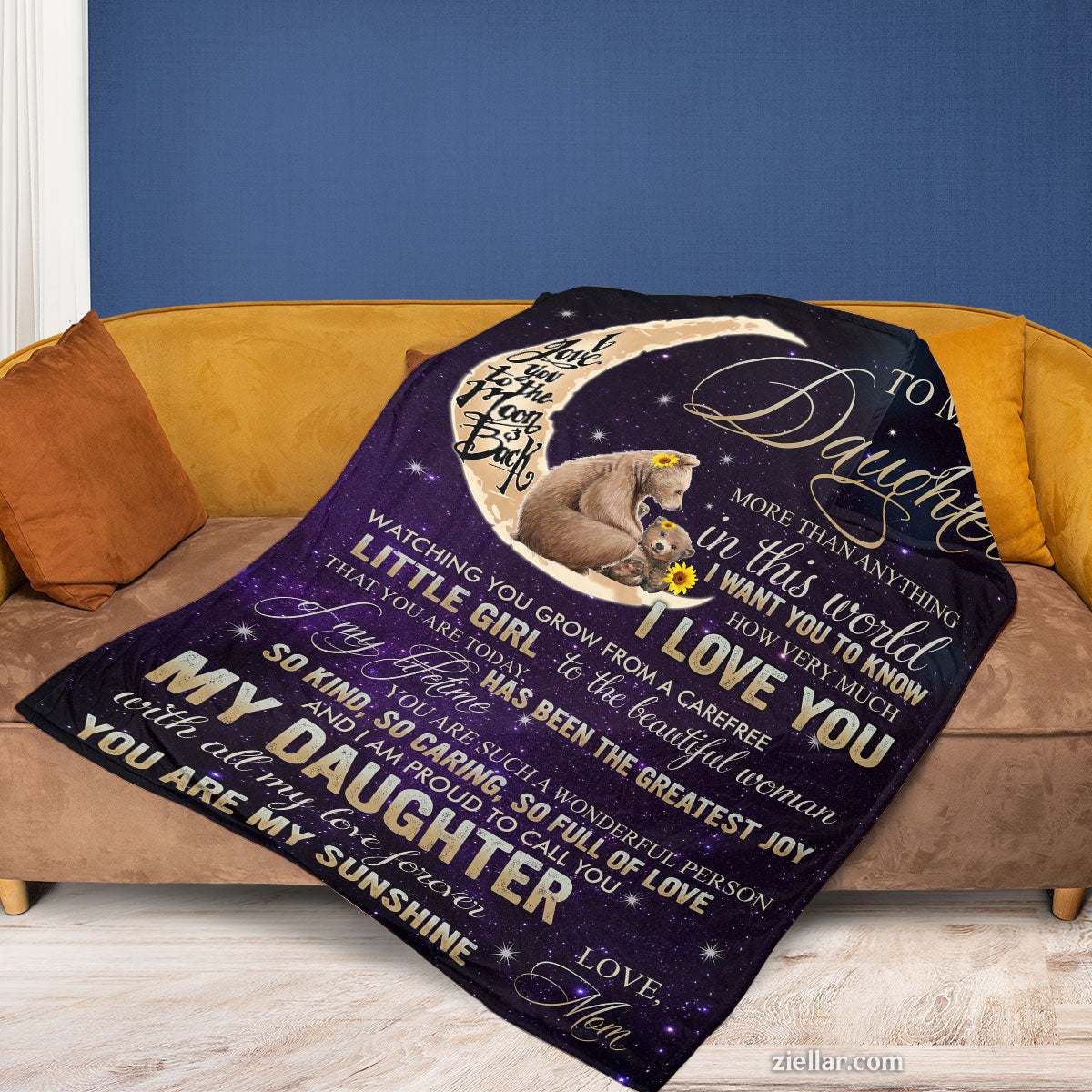 To My Daughter Quilt Blanket, Fleece Blanket Gift with Moon and Love Note, Personalized Name