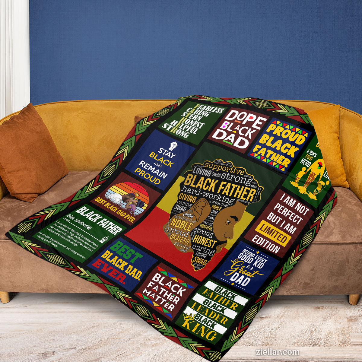 Black Father Strong King Quilt Blanket, Fleece Blanket Gift with Motivational Words, Personalized