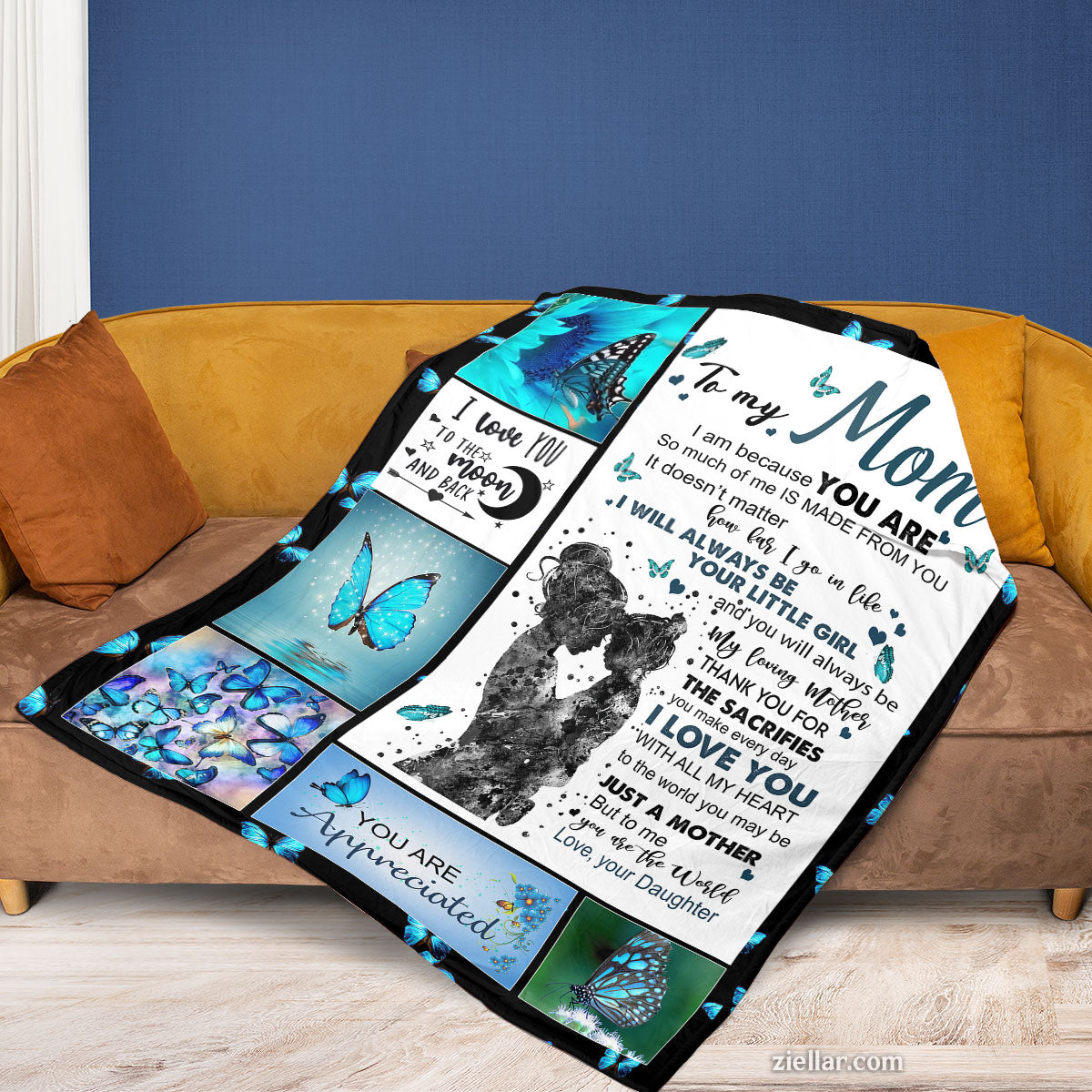 To My Mom Butterfly Quilt Blanket, Fleece Blanket Gift with Blue Floral Art, Custome Name Option