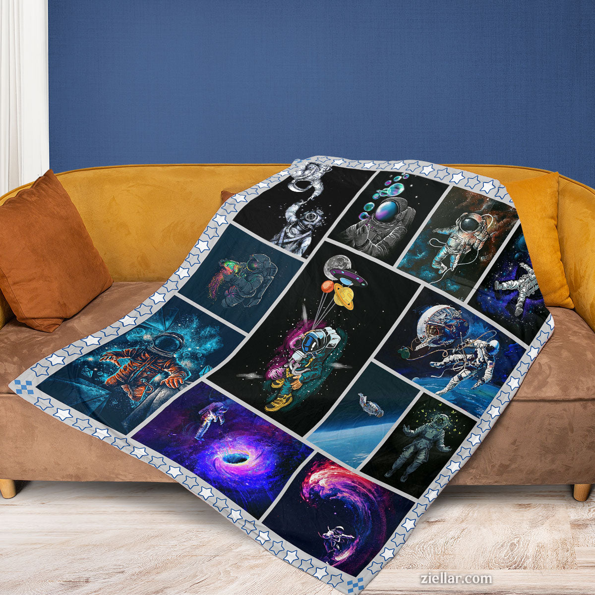 Galaxy Fantasy Space Quilt Blanket, Fleece Blanket Gift with Astronaut and Planets, Custome Name