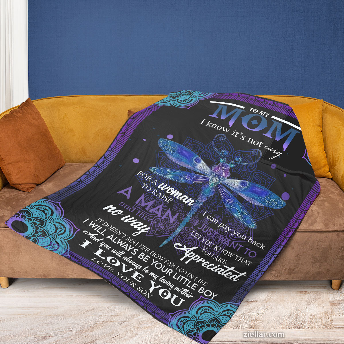 To My Mom Dragonfly Quilt Blanket, Fleece Blanket Gift from Son with Quote, Personalized Option