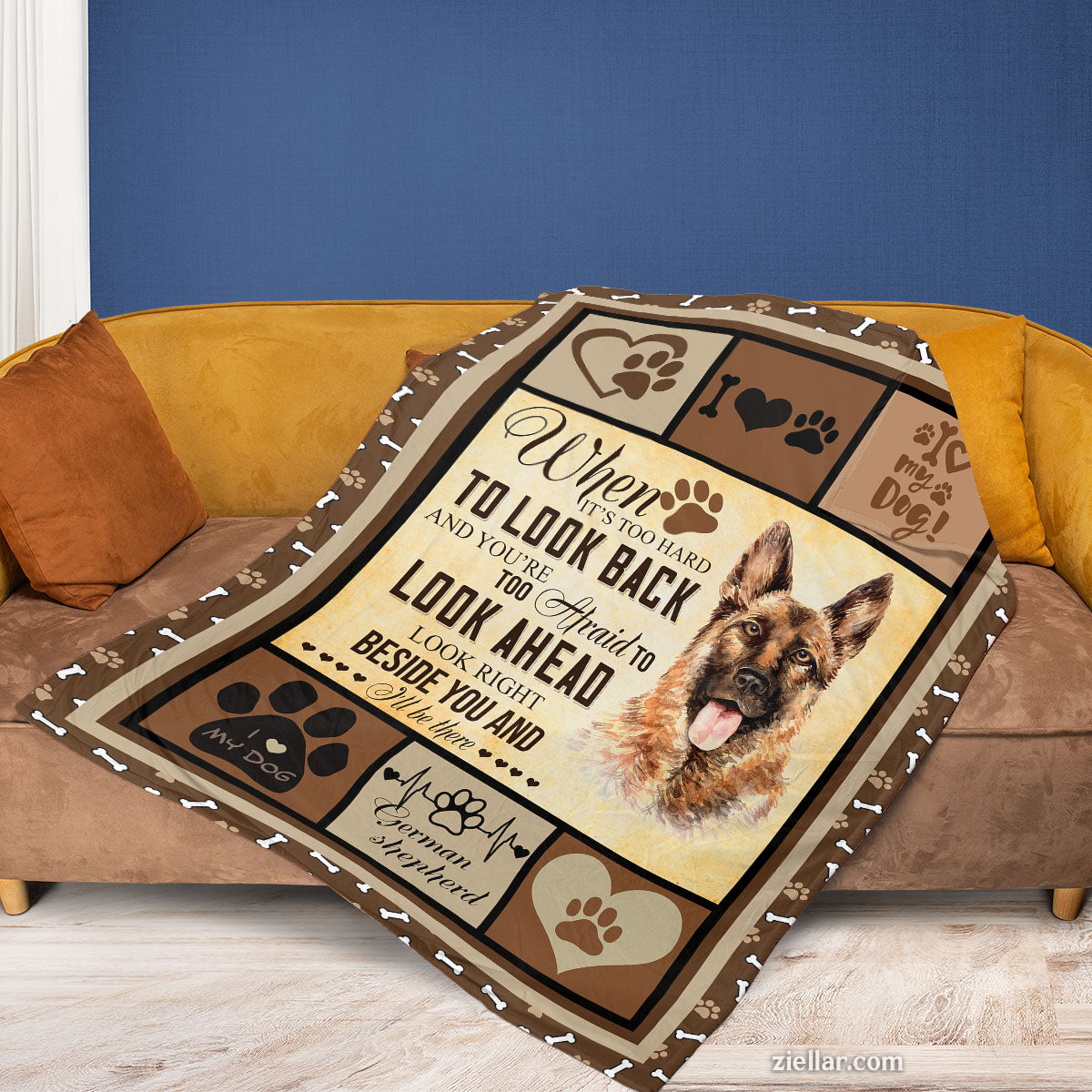 German Shepherd Dog Quilt Blanket, Fleece Blanket Gift with Paw Print Love, Custome Name Option