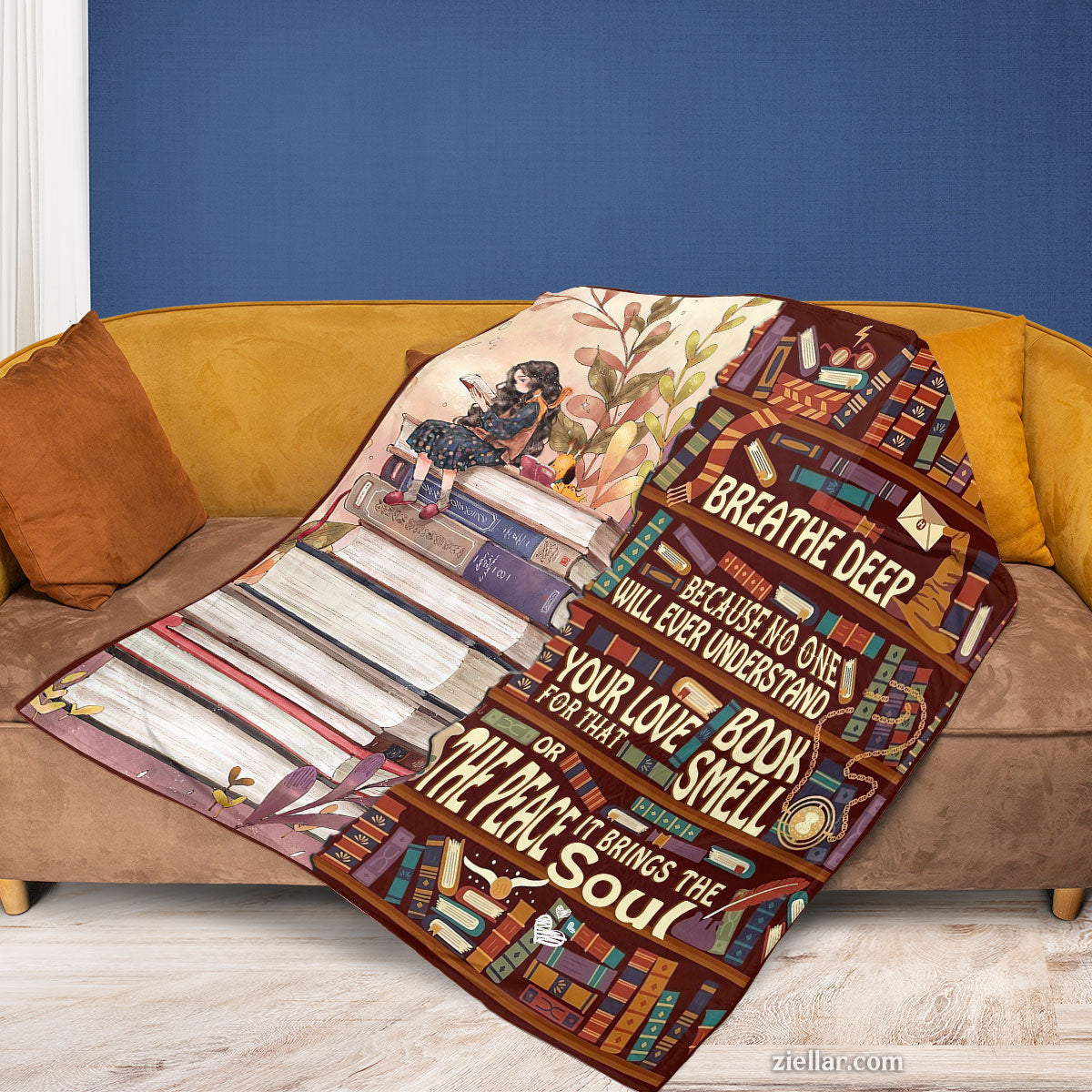 Book Lover’s Breathe Deep Quilt Blanket, Fleece Blanket Gift for Readers and Library Fans