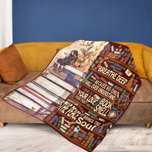 Book Lover’s Breathe Deep Quilt Blanket, Fleece Blanket Gift for Readers and Library Fans