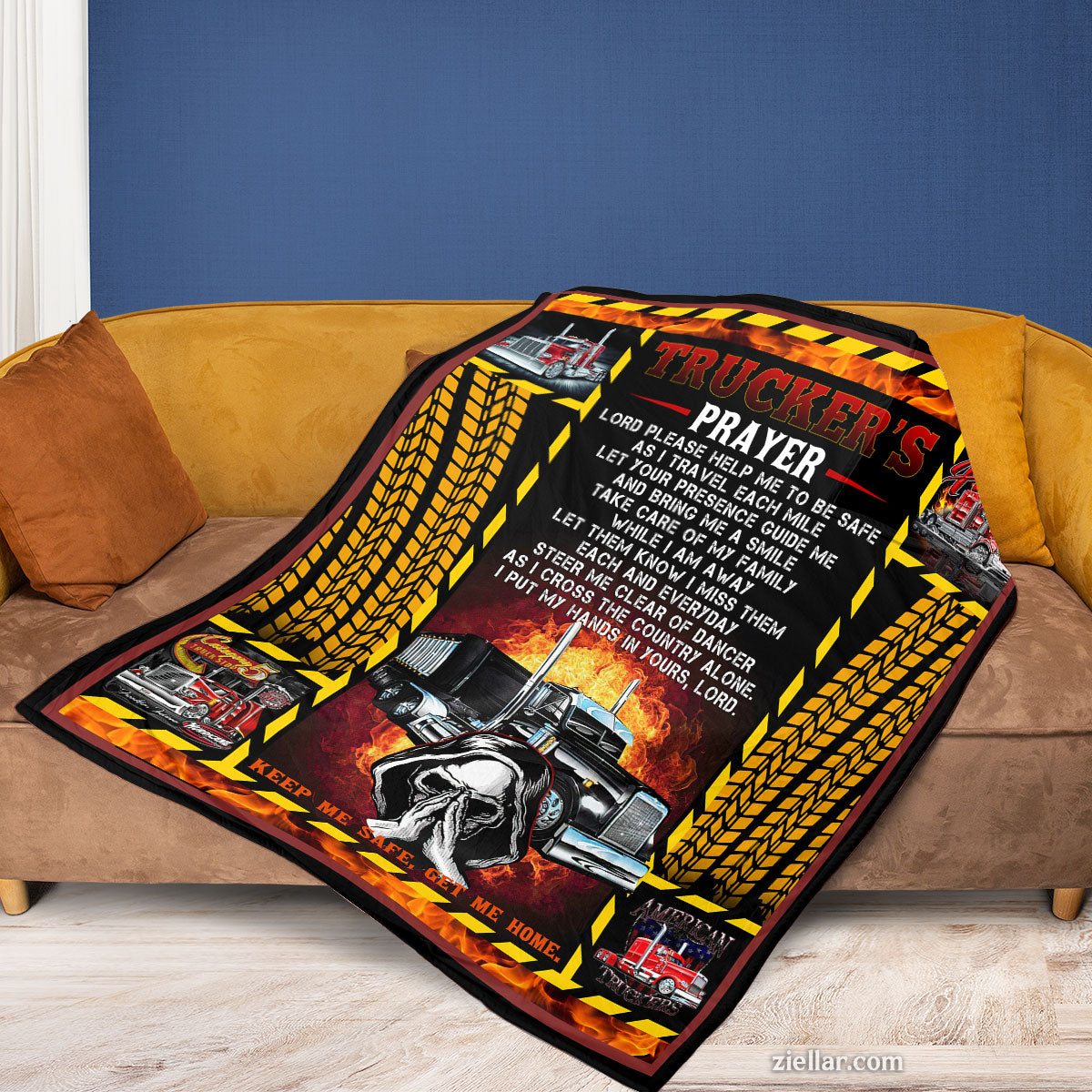 Trucker’s Prayer Quilt Blanket, Fleece Blanket Gift for Truckers with Flames and Rig Art