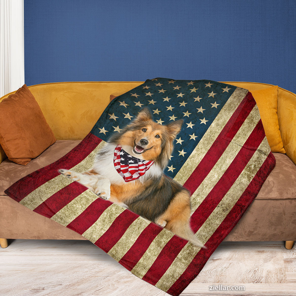 Patriotic Sheltie Dog Quilt Blanket, Fleece Blanket Gift with American Flag and Bandana Dog