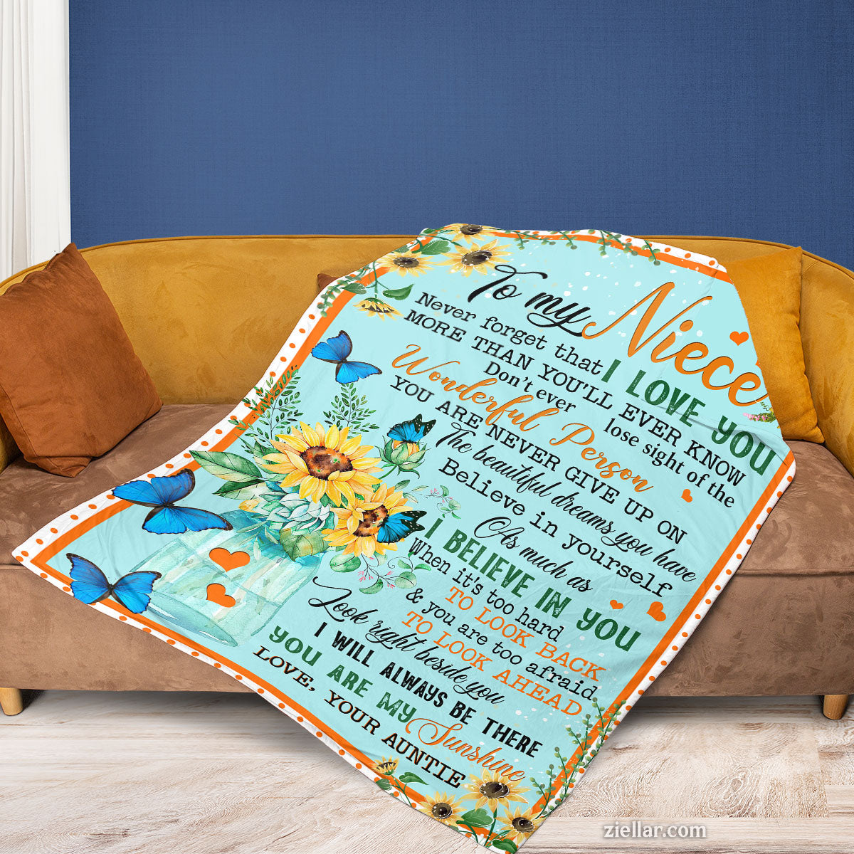 To My Niece Blue and Yellow Quilt Blanket, Fleece Blanket Gift with Love Message, Personalized