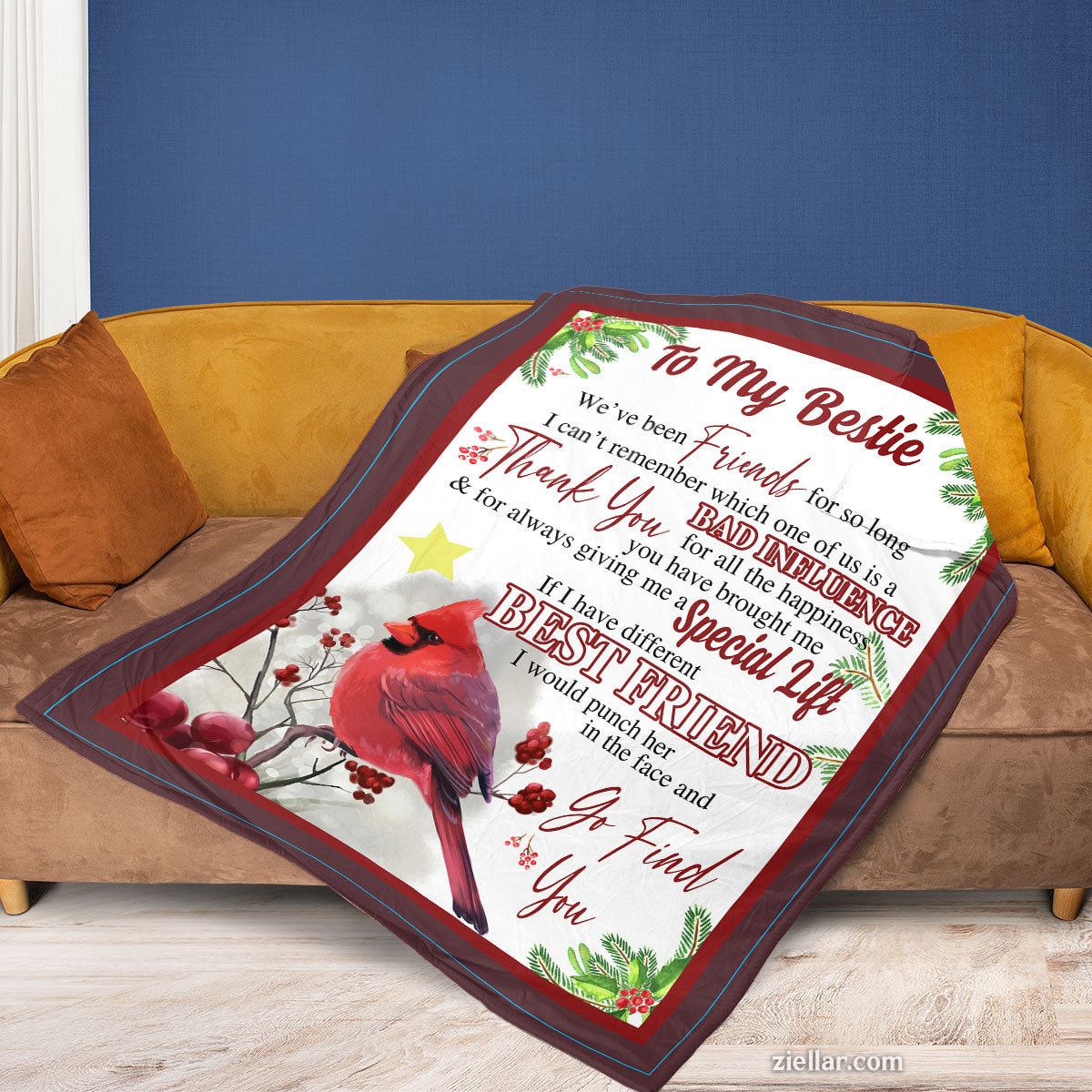 To My Bestie Cardinal Quilt Blanket, Fleece Blanket Gift with Friendship Quote, Personalized Name