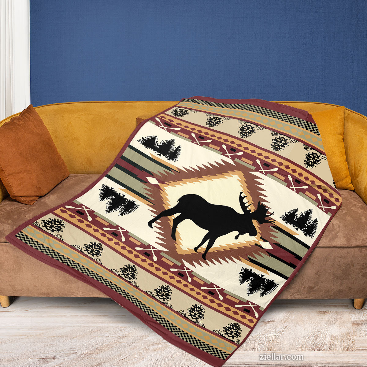 Rustic Moose Animal Quilt Blanket, Fleece Blanket Gift with Forest Theme and Tribal Pattern