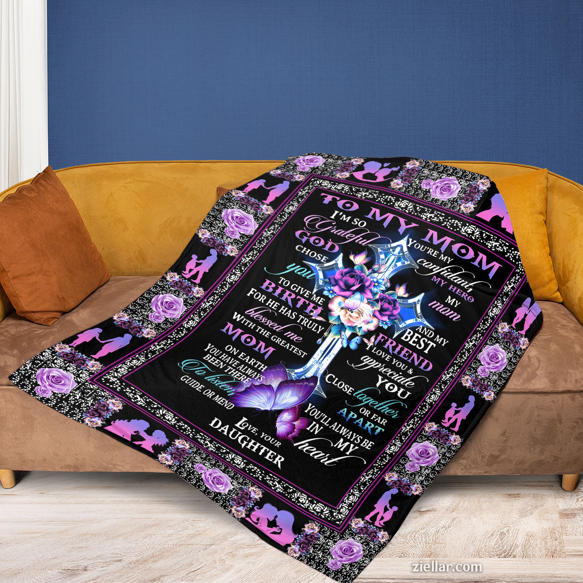 To My Mom Purple Floral Quilt Blanket, Fleece Blanket Gift from Daughter, Personalized Name