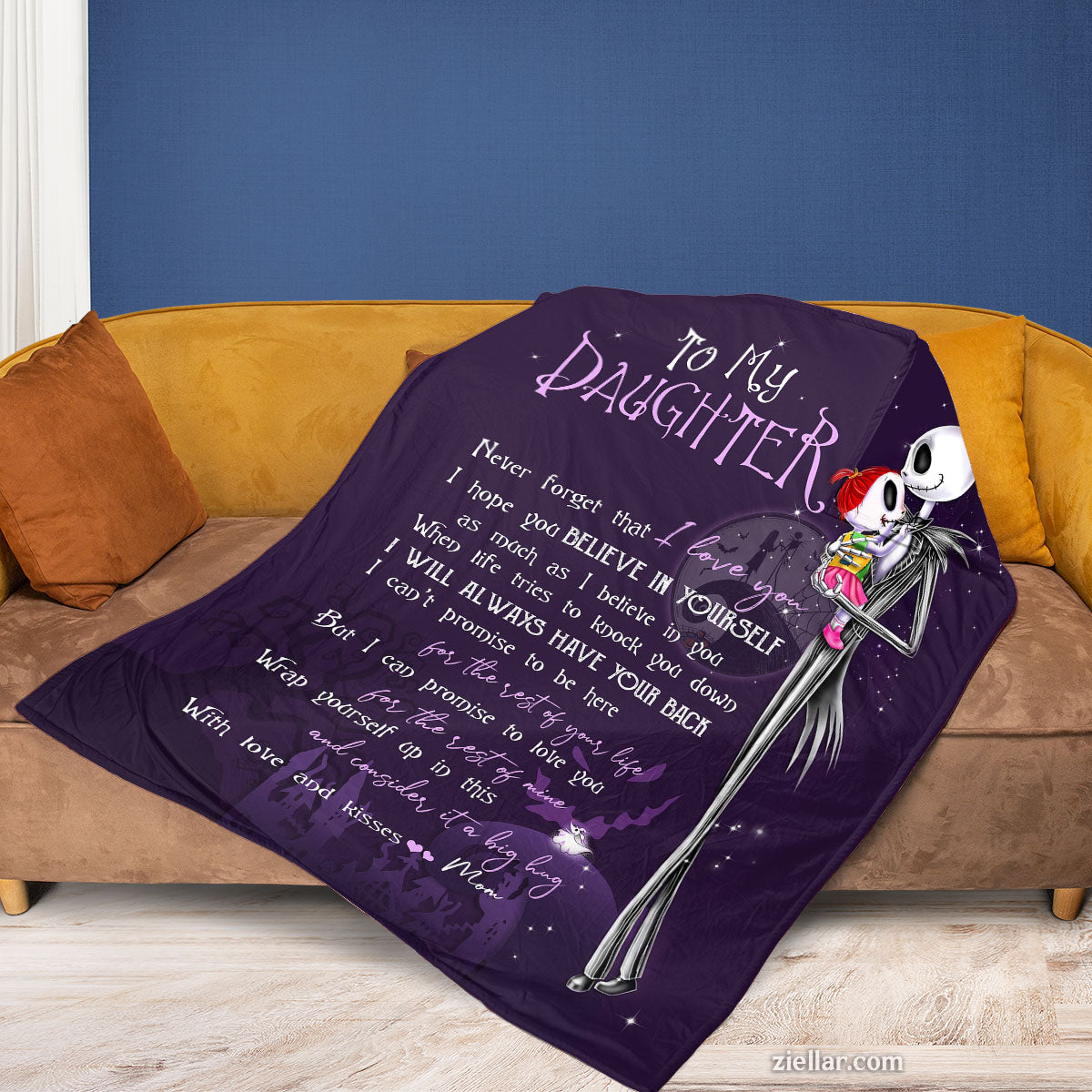 To My Daughter Skeleton Love Quilt Blanket, Fleece Blanket Gift with Gothic Art, Custome Name