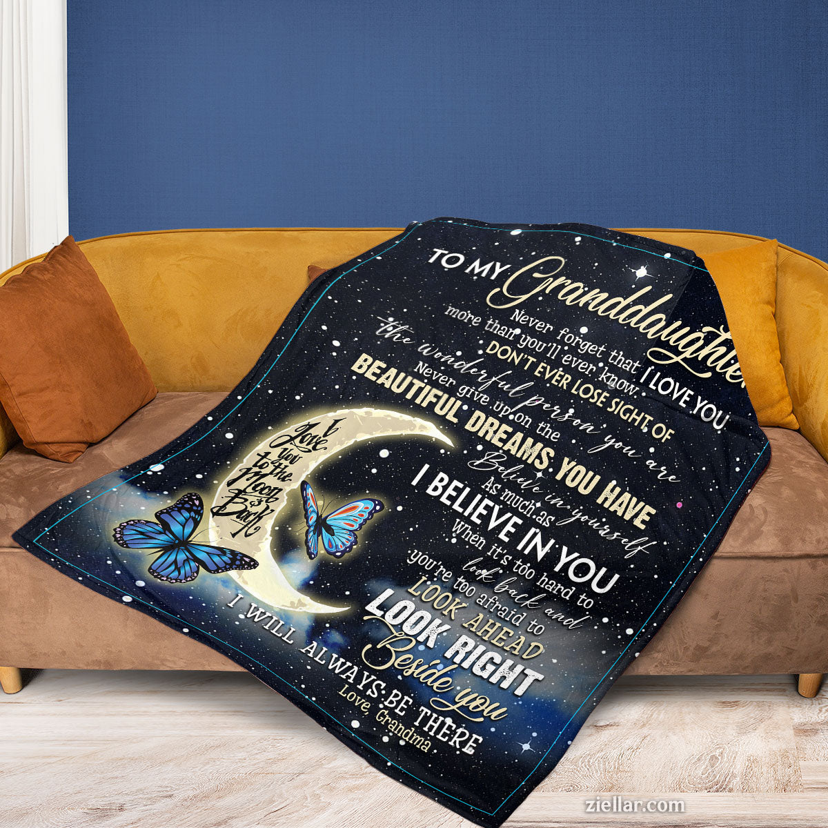 To My Granddaughter Moonlight Quilt Blanket, Fleece Blanket Gift with Dreams Message, Custome Name