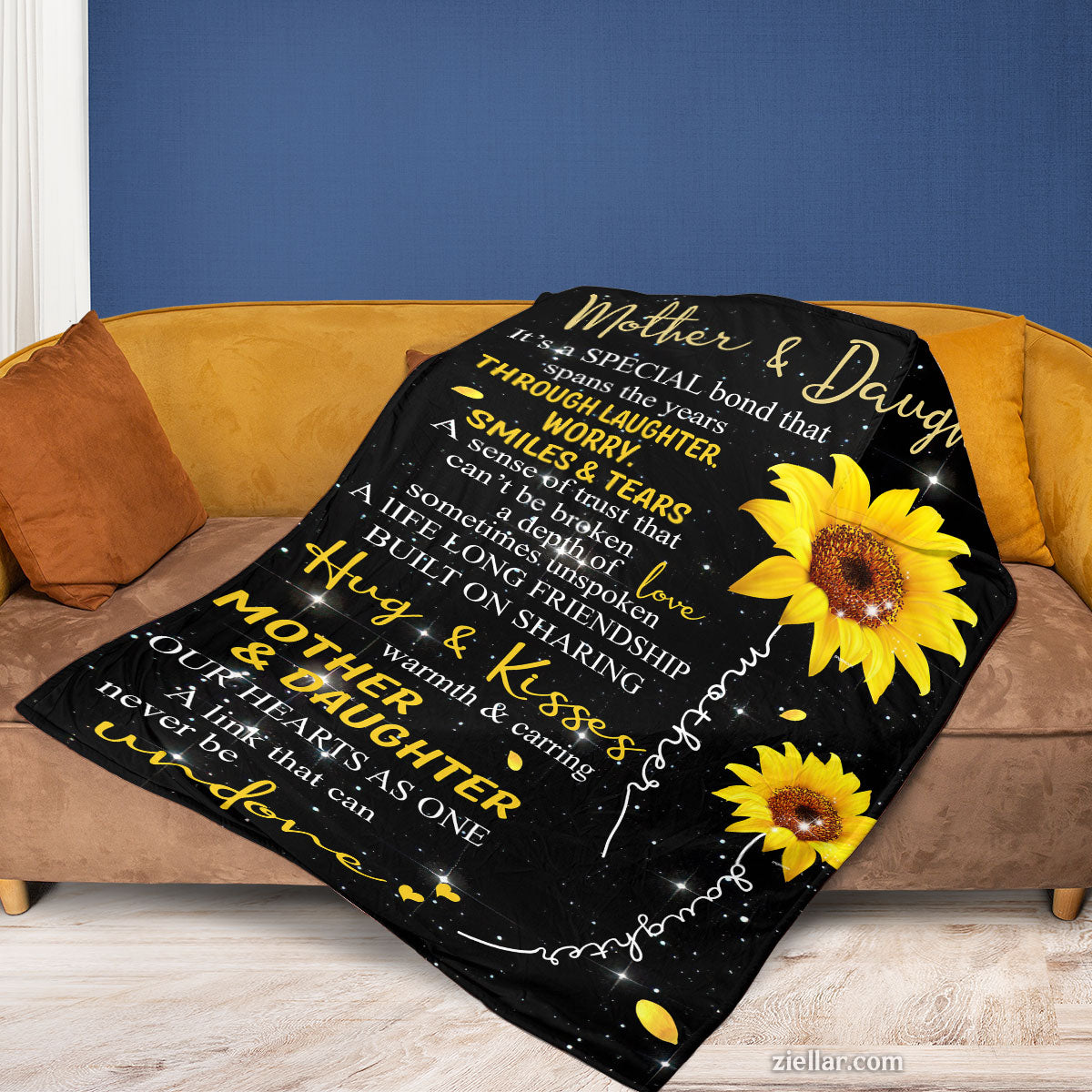 Mother and Daughter Sunflower Quilt Blanket, Fleece Blanket Gift with Love Bond Quote, Personalized