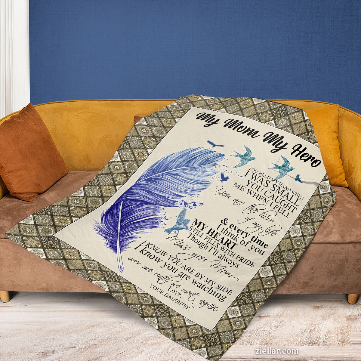 My Mom My Hero Quilt Blanket, Fleece Blanket Gift with Feathers and Heartfelt Poem, Personalized