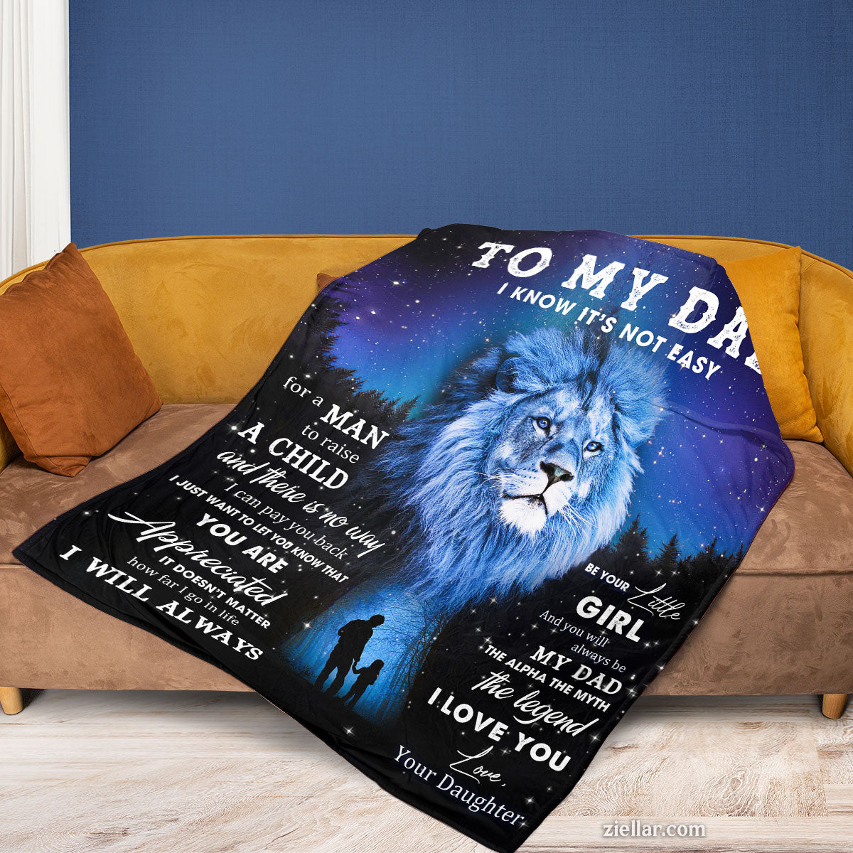 To My Dad Lion Quilt Blanket, Fleece Blanket Gift from Daughter with Brave Message, Personalized