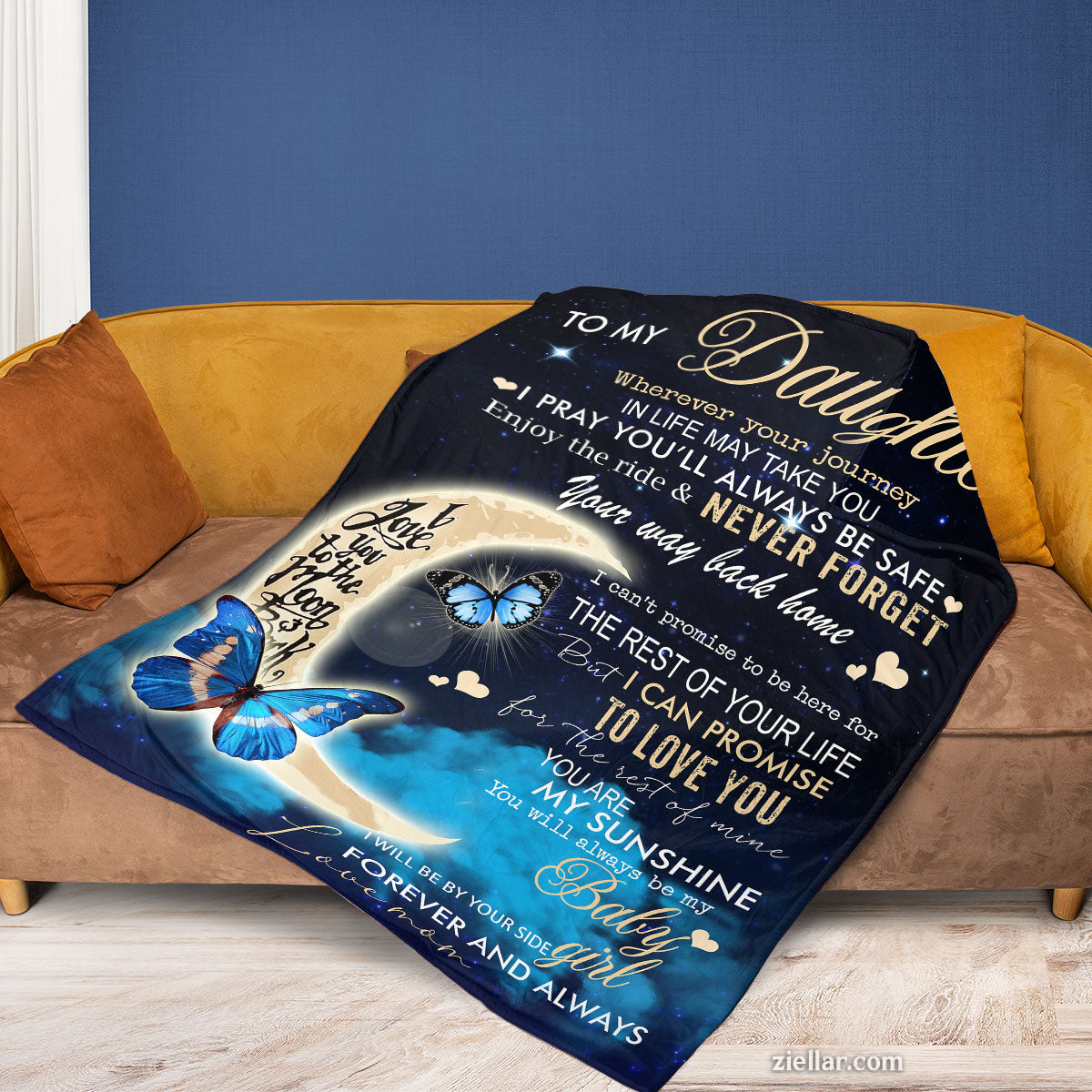 To My Daughter Moon and Butterfly Quilt Blanket, Fleece Blanket Gift from Mom, Custome Name