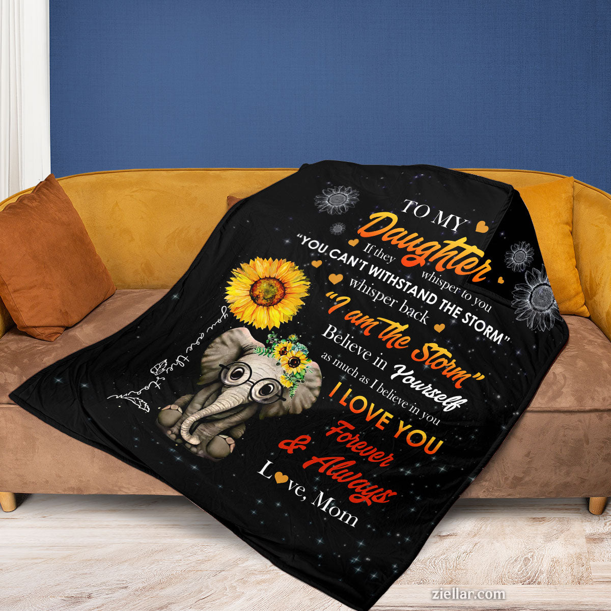 To My Daughter Elephant Quilt Blanket, Fleece Blanket Gift from Mom with Sunshine Quote, Personalized