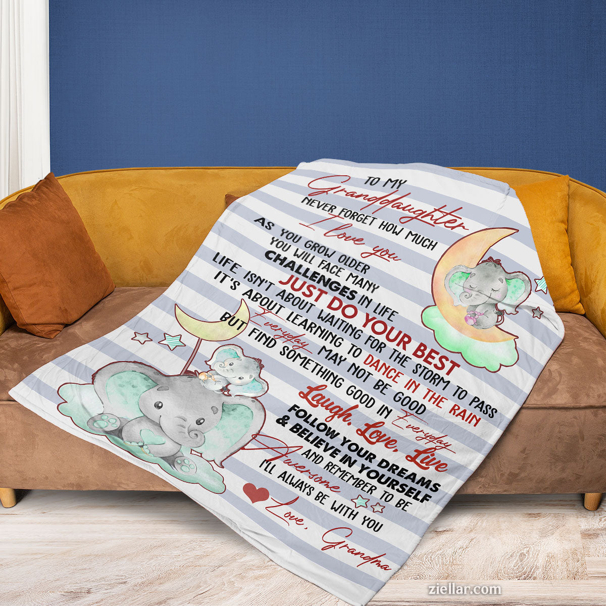 To My Granddaughter Elephant Moon Quilt Blanket, Fleece Blanket Gift with Rainbow Text, Personalized