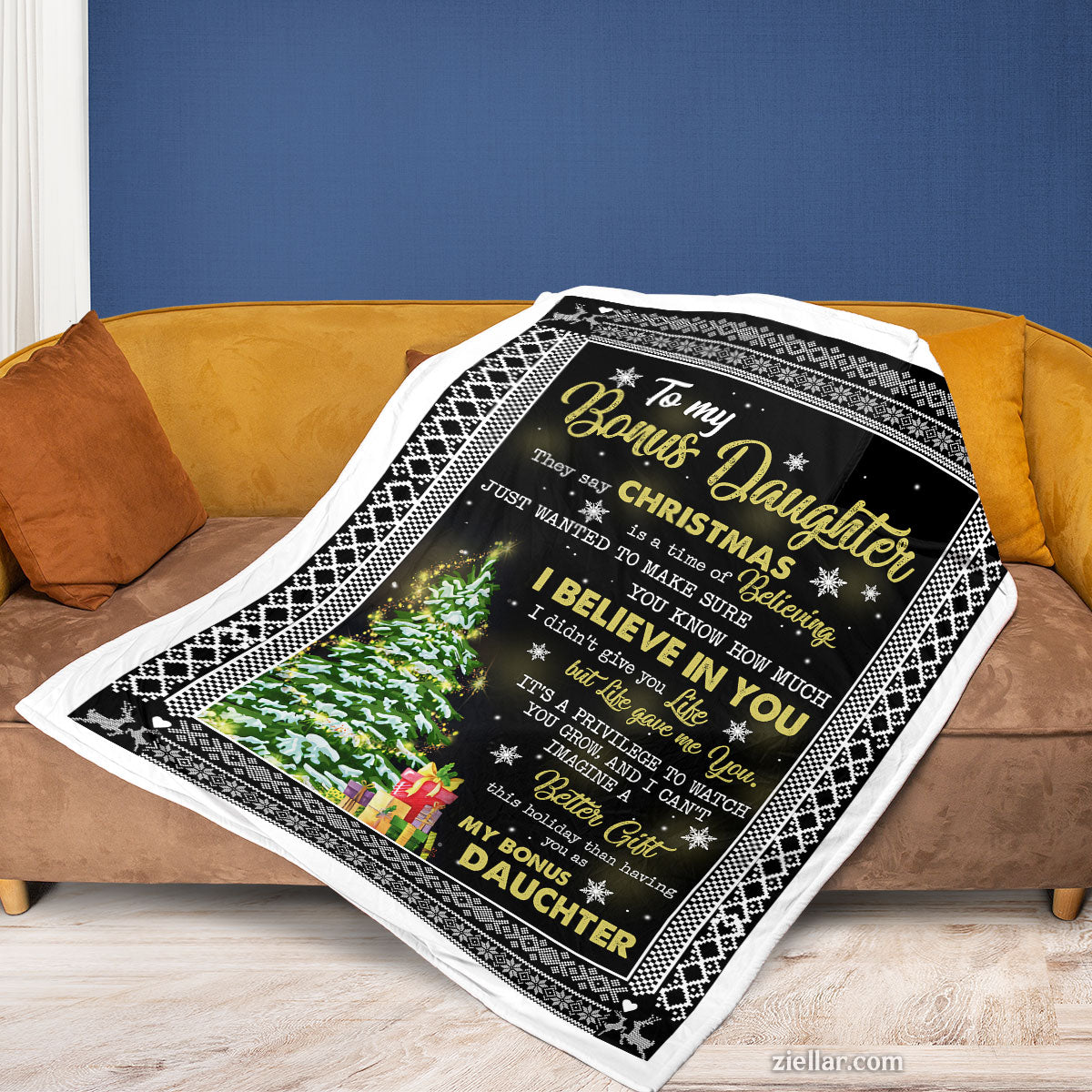 To My Bonus Daughter Christmas Quilt Blanket, Fleece Blanket Gift with Winter Trees, Custome Name
