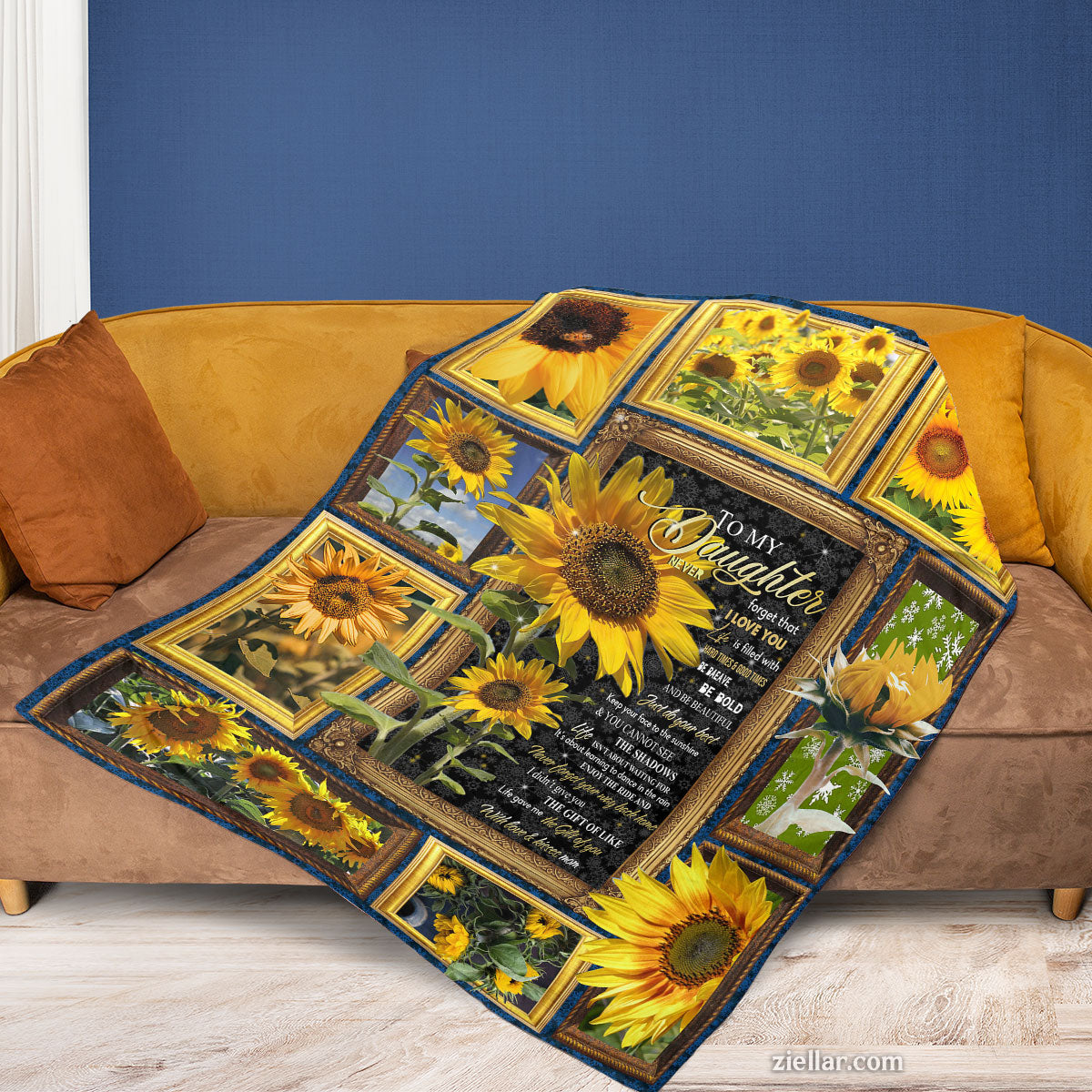 To My Daughter Sunflower Quilt Blanket, Fleece Blanket Gift with Warm Encouragement, Custome Name