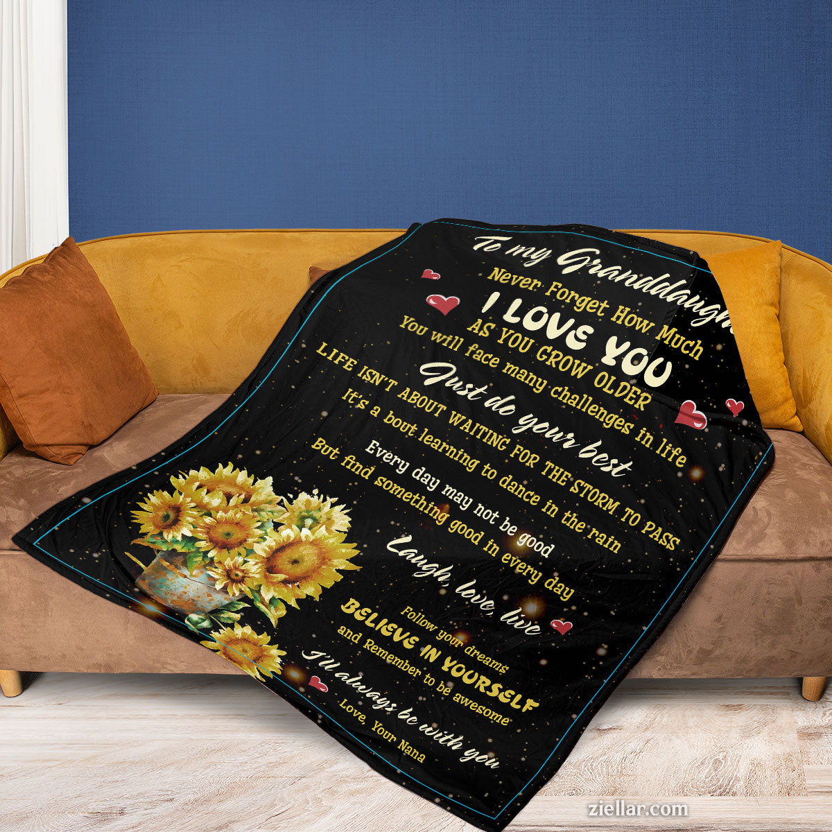 To My Granddaughter Quilt Blanket, Fleece Blanket Gift with Sunflowers and Heartfelt Quote, Personalized