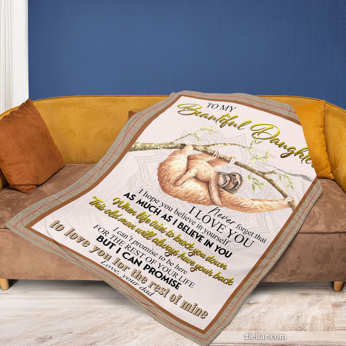 To My Beautiful Daughter Quilt Blanket, Fleece Blanket Gift with Sloth and Heart Message, Custome Name