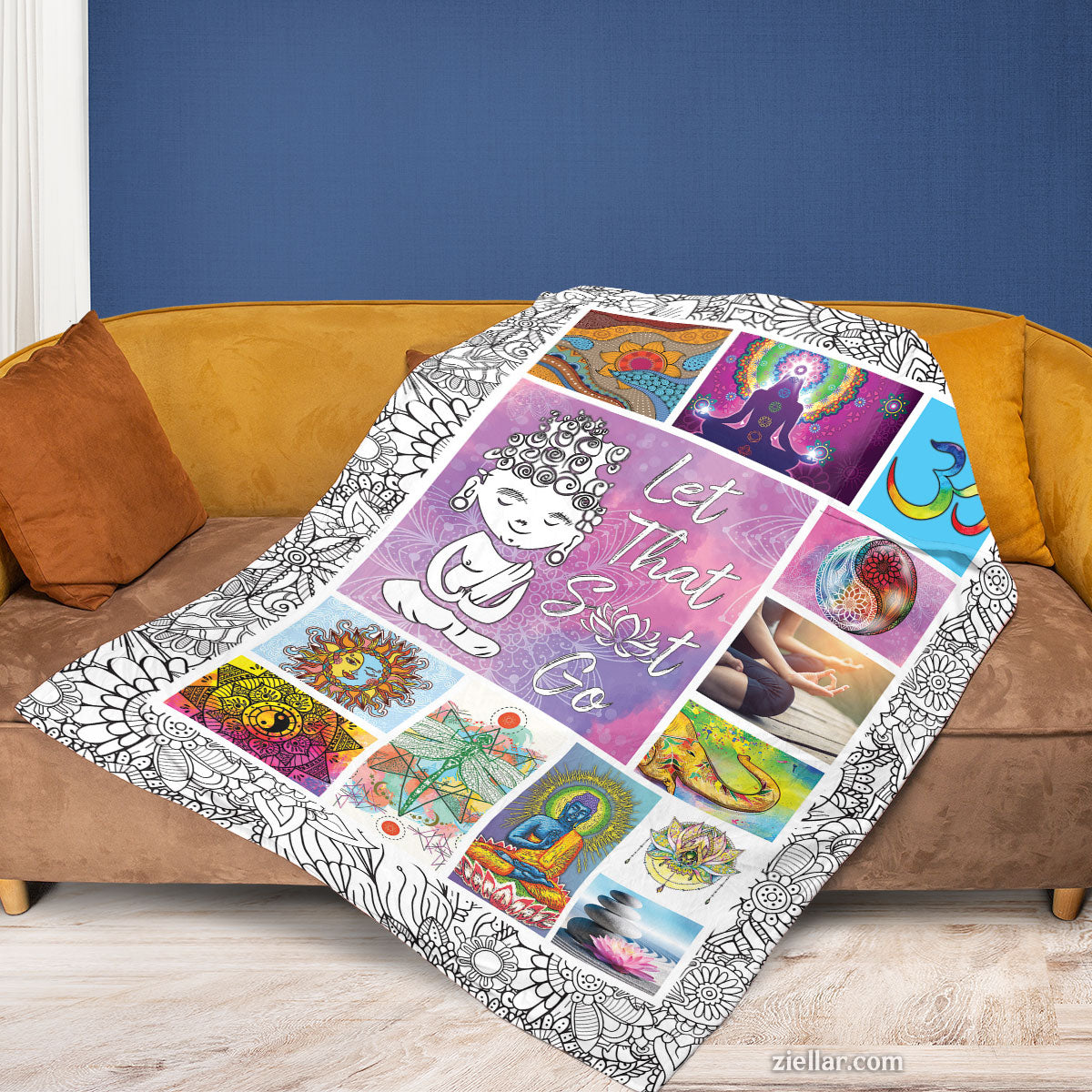 Let That Sh_t Go Quilt Blanket, Fleece Blanket with Mandalas, Yoga Poses, Zen Vibes and Humor Art