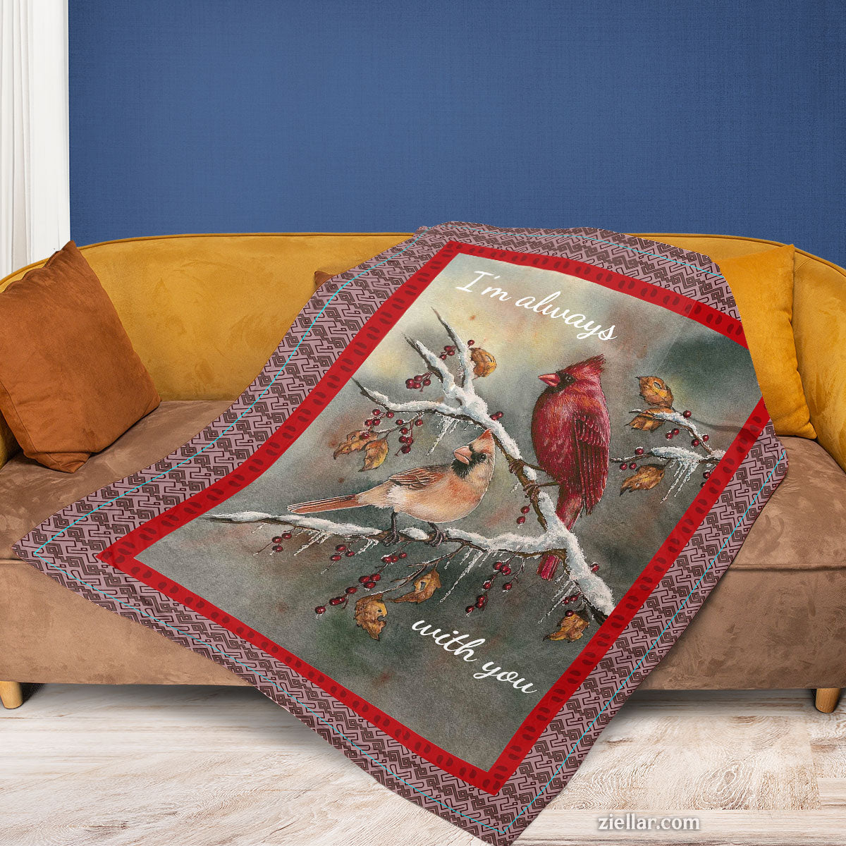 Cardinal Quilt Blanket, Fleece Blanket with Red Bird on Pine Tree, Memorial and Winter Theme