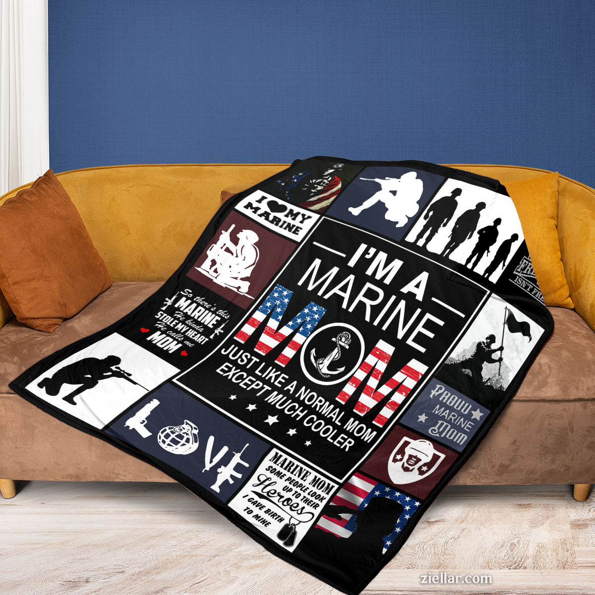 I’m A Marine Mom Quilt Blanket, Fleece Blanket Gift with Patriotic Military Phrases, Custome Name