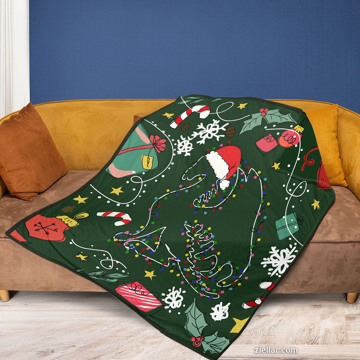Christmas Unicorn Quilt Blanket, Fleece Blanket with Santa Hat, Candy Canes, and Holiday Lights