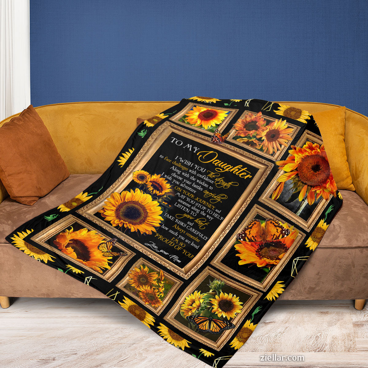 To My Daughter Sunflower Quilt Blanket, Fleece Blanket Gift with Warm Message, Personalized Name