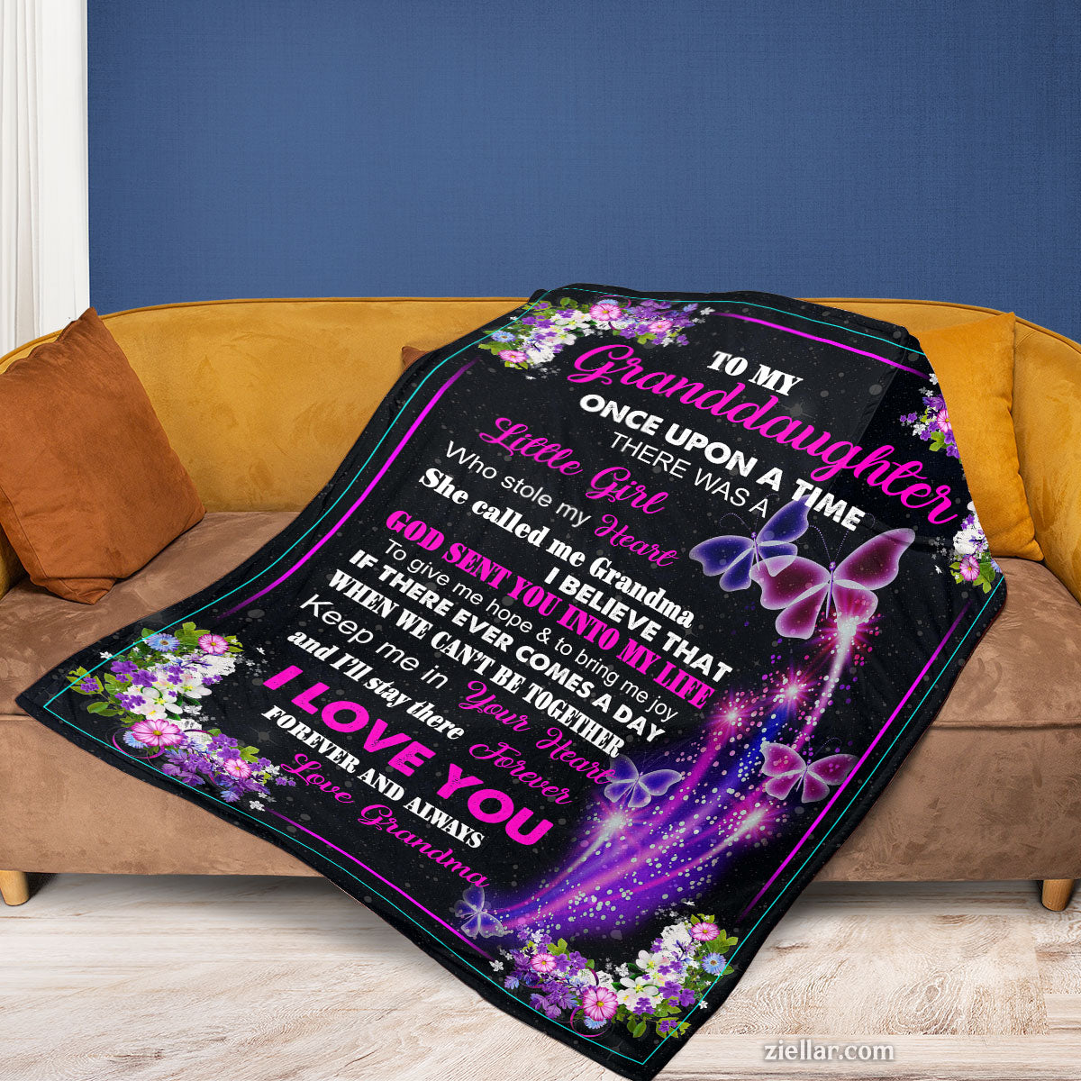 To My Granddaughter Quilt Blanket, Fleece Blanket Gift with Purple Fairy Tale Theme, Custome Name