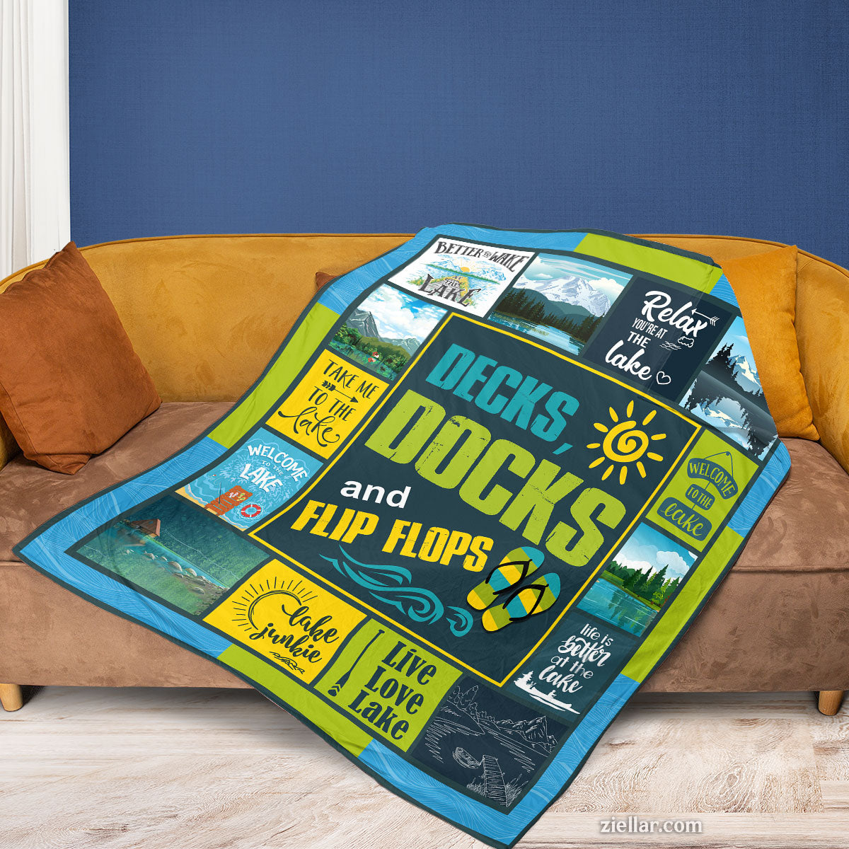 Decks Docks and Flip Flops Quilt Blanket, Fleece Blanket with Summer Lake Life and Relaxing Quotes