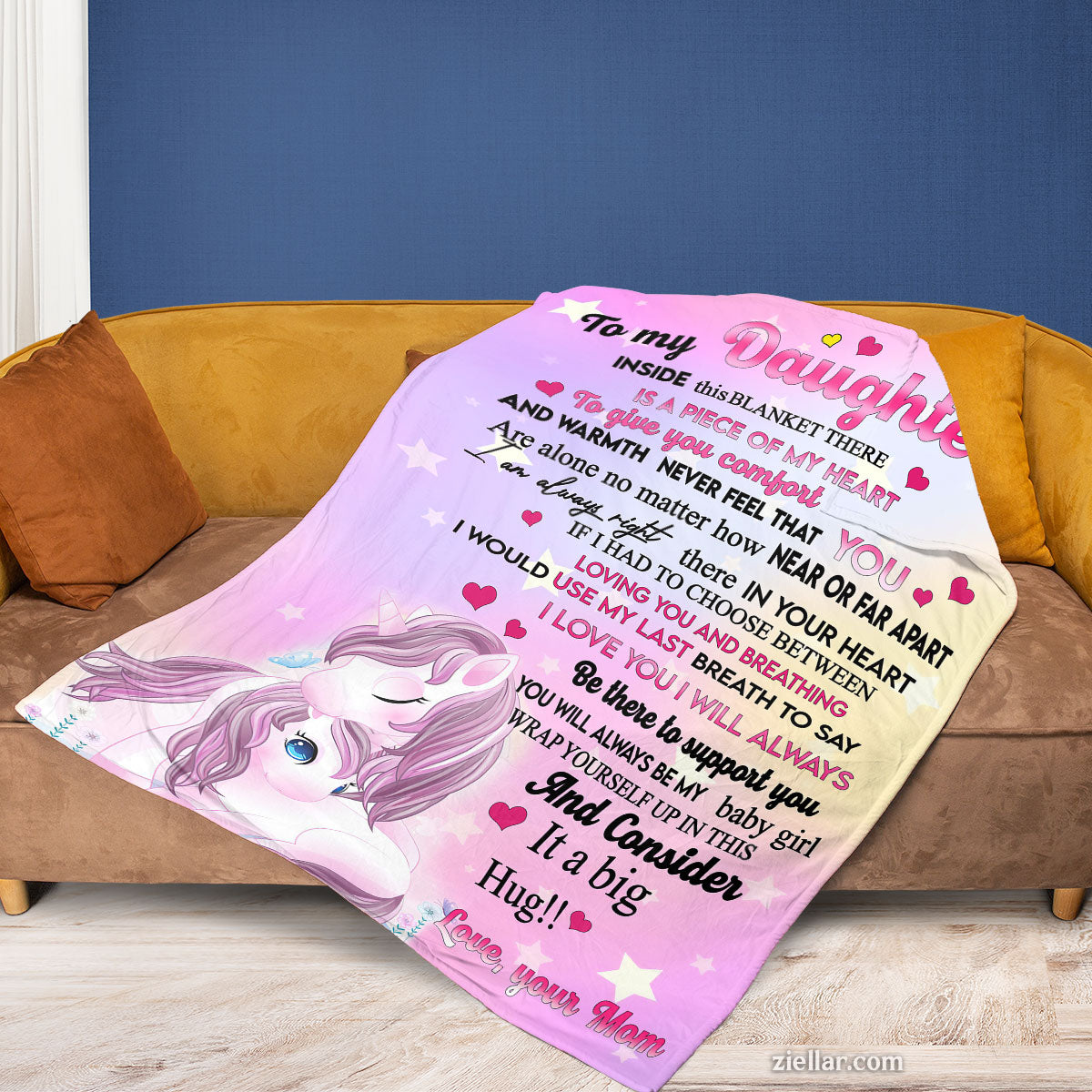 To My Daughter Quilt Blanket, Fleece Blanket Gift with Unicorn and Hug Poem from Mom, Custome Name