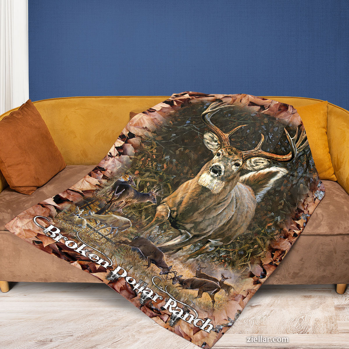 Broken Dollar Ranch Quilt Blanket, Fleece Blanket with Deer and Autumn Leaves, Western Forest Theme