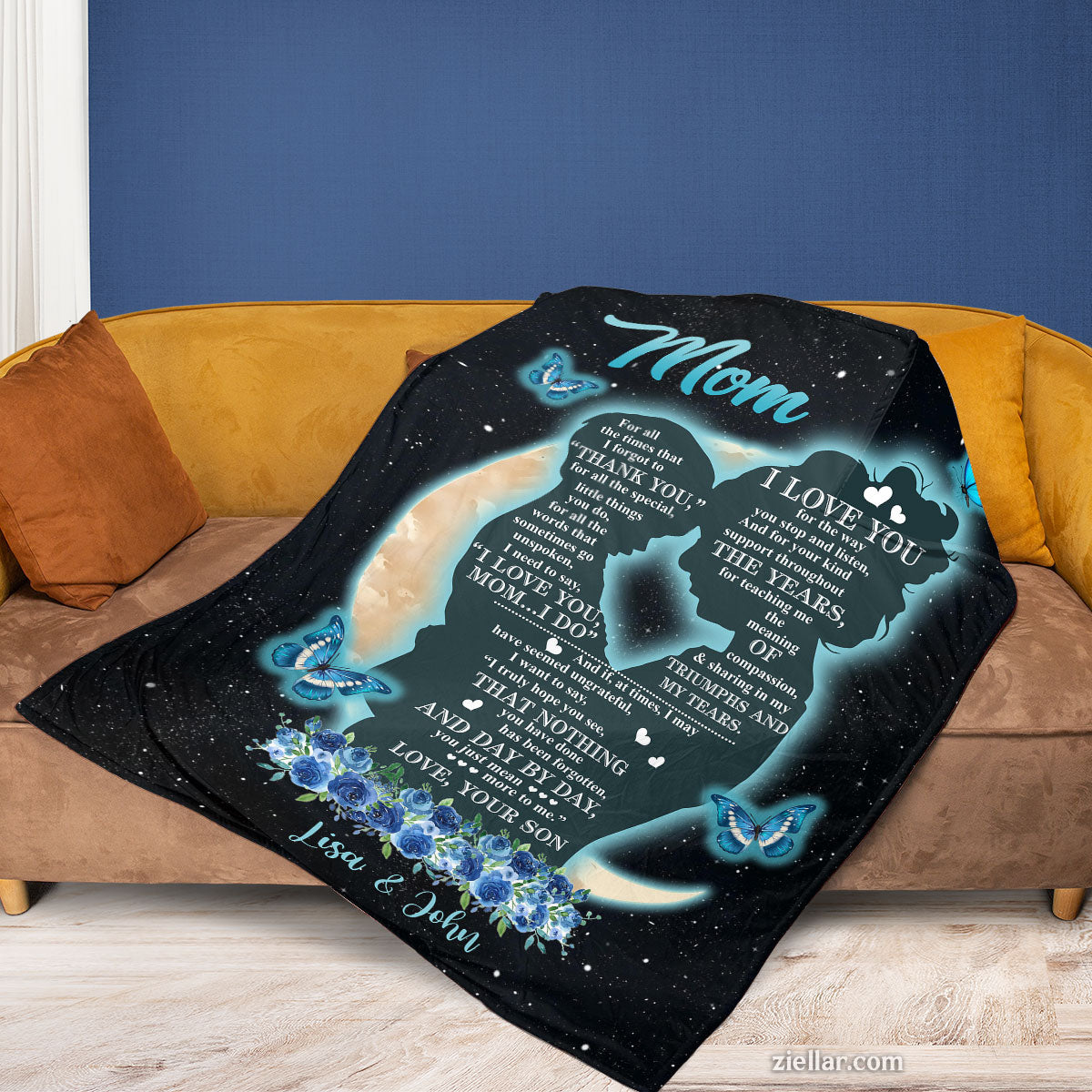 To My Mom Quilt Blanket, Fleece Blanket Gift with Heart and Blue Butterflies, Starry Sky, Custome Name