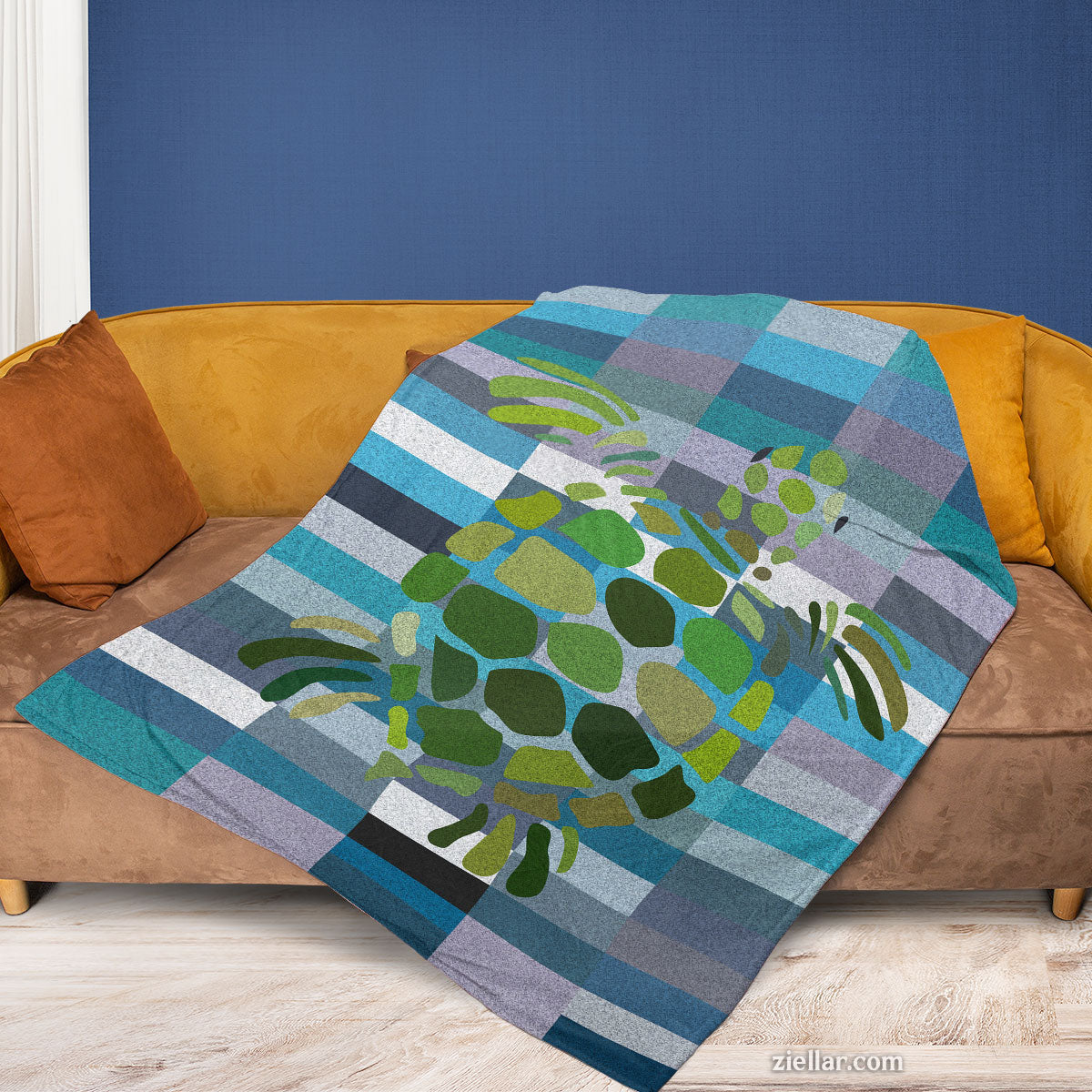 Sea Turtle Quilt Blanket, Fleece Blanket Ocean Animal Green Turtle Art Blue Plaid Design