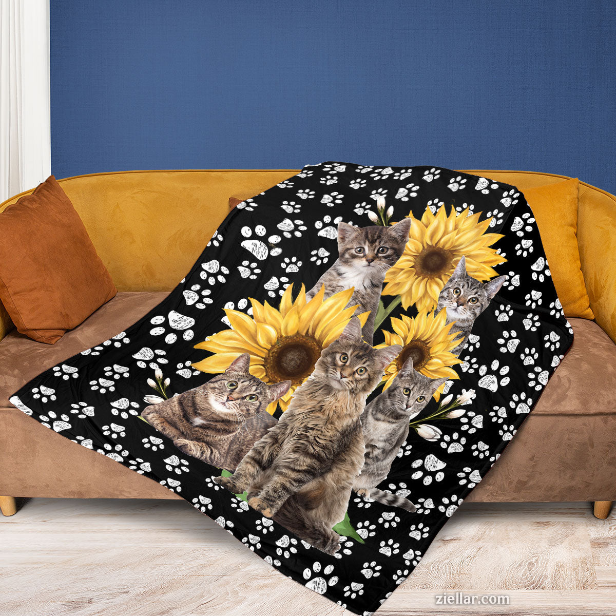 Cat and Sunflower Quilt Blanket, Fleece Blanket Kitten Paw Print Floral Black Background