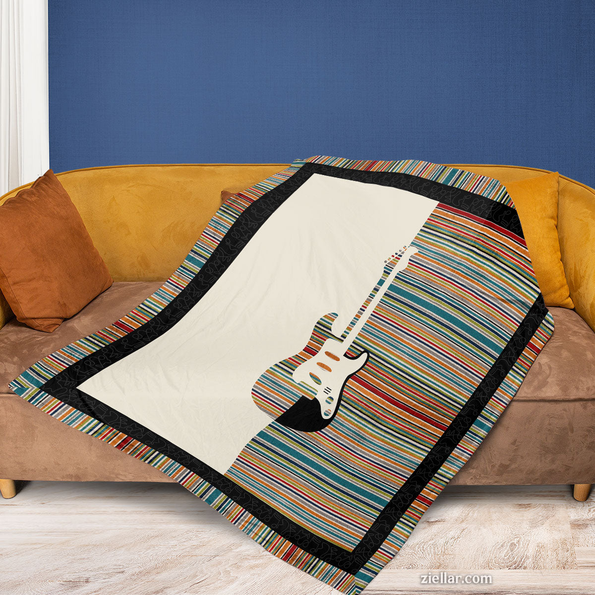 Guitar Music Lover Quilt Blanket, Fleece Blanket Vintage Stripe Musical Art Home Decor