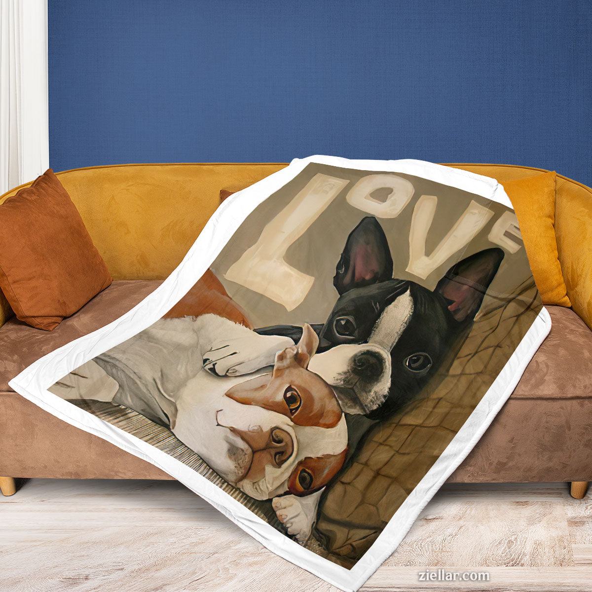 Boston Terrier Love Quilt Blanket, Fleece Blanket Cute Dog Couple Art, Neutral Colors